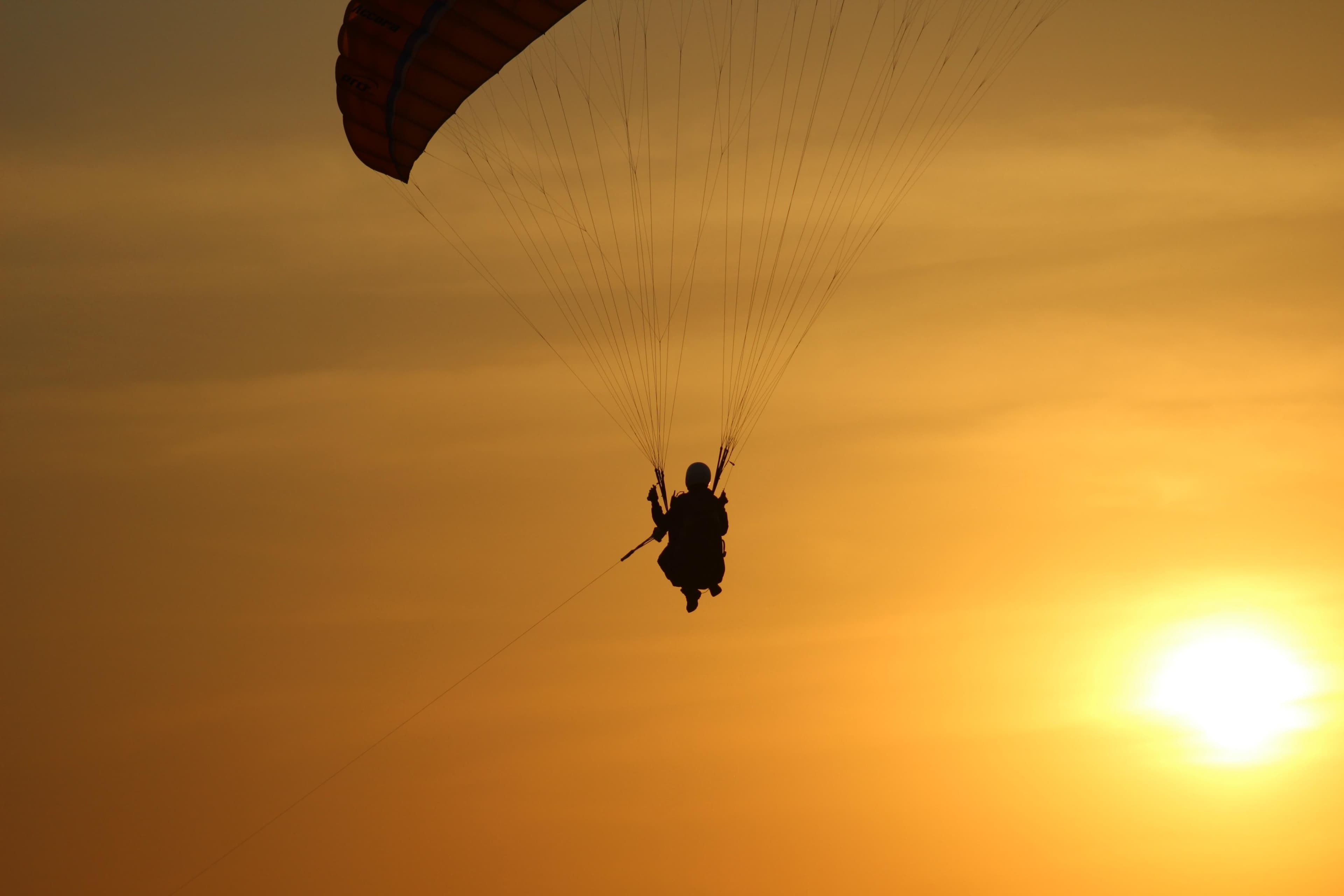 Paraglider silhouetted against evening sky over the ridge